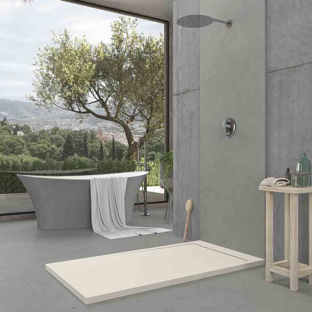 URBANSTONE omkaderde douchebak van hars – gebroken wit RAL 9001 – leisteenstructuur – antibacterieel en antislip. Kleuren naar keuze. Verborgen rooster - Afbeelding 3