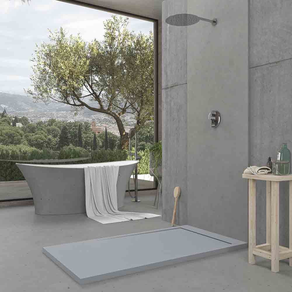 URBANSTONE omkaderde douchebak van hars – cementgrijs RAL 7005 – leisteenstructuur – antibacterieel en antislip. Kleuren naar keuze. Verborgen rooster - Afbeelding 3