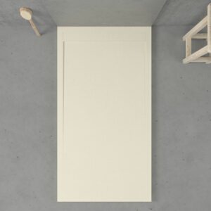 URBANSTONE omkaderde douchebak van hars – crèmekleur RAL 1013 – leisteenstructuur – antibacterieel en antislip. Kleuren naar keuze. Verborgen rooster