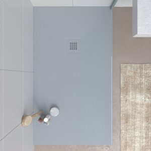 MYSTONE douchebak van hars – grijs RAL 7040 en andere exclusieve kleuren – leisteenstructuur – antibacterieel en antislip