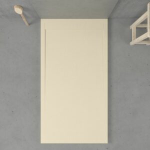 URBANSTONE omkaderde douchebak van hars – ivoorkleur RAL 1015 – leisteenstructuur – antibacterieel en antislip. Kleuren naar keuze. Verborgen rooster