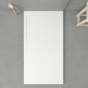 URBANSTONE omkaderde douchebak van hars – wit RAL 9003 – leisteenstructuur – antibacterieel en antislip. Kleuren naar keuze. Verborgen rooster