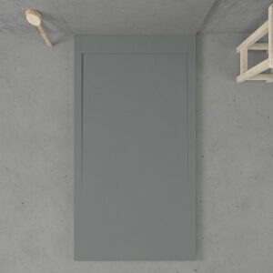 URBANSTONE omkaderde douchebak van hars – grijs RAL 7040 – leisteenstructuur – antibacterieel en antislip. Kleuren naar keuze. Verborgen rooster