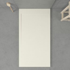 URBANSTONE omkaderde douchebak van hars – gebroken wit RAL 9001 – leisteenstructuur – antibacterieel en antislip. Kleuren naar keuze. Verborgen rooster