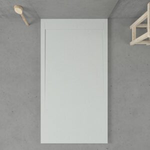 URBANSTONE omkaderde douchebak van hars – zandkleur RAL 7035 – leisteenstructuur – antibacterieel en antislip. Kleuren naar keuze. Verborgen rooster
