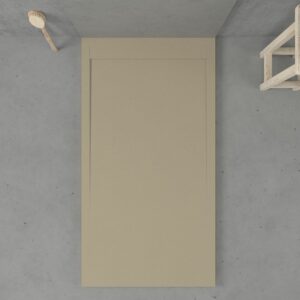 URBANSTONE omkaderde douchebak van hars – mokka RAL 1019 – leisteenstructuur – antibacterieel en antislip. Kleuren naar keuze. Verborgen rooster