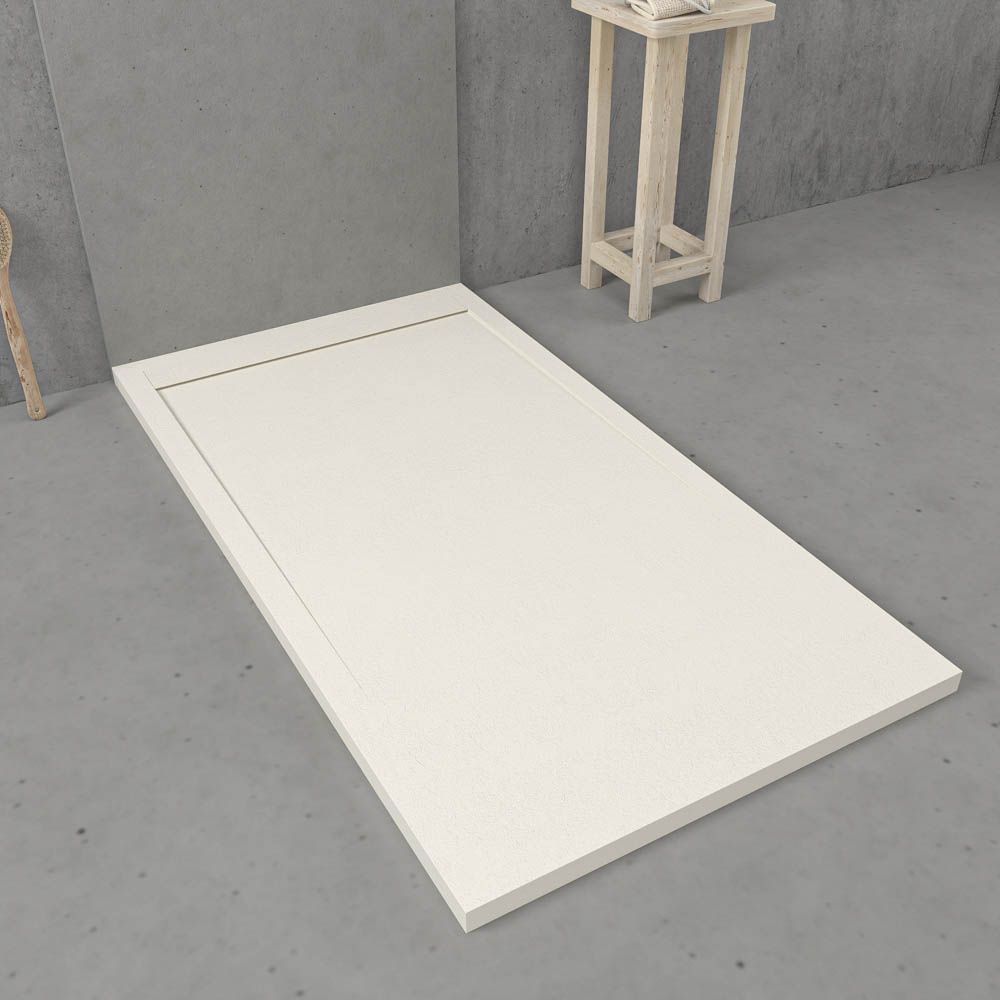 URBANSTONE omkaderde douchebak van hars – gebroken wit RAL 9001 – leisteenstructuur – antibacterieel en antislip. Kleuren naar keuze. Verborgen rooster - Afbeelding 2