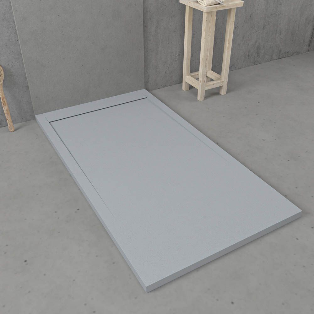 URBANSTONE omkaderde douchebak van hars – cementgrijs RAL 7005 – leisteenstructuur – antibacterieel en antislip. Kleuren naar keuze. Verborgen rooster - Afbeelding 2