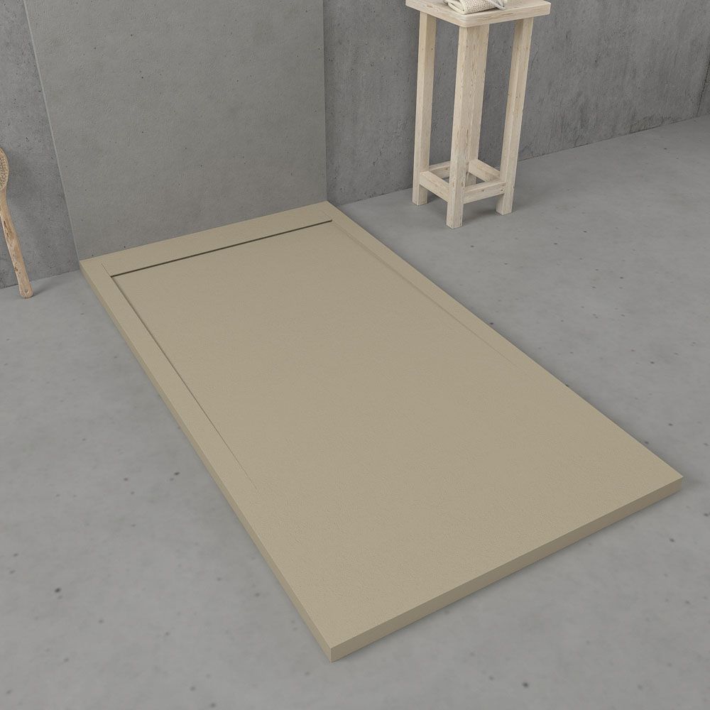 URBANSTONE omkaderde douchebak van hars – mokka RAL 1019 – leisteenstructuur – antibacterieel en antislip. Kleuren naar keuze. Verborgen rooster - Afbeelding 2