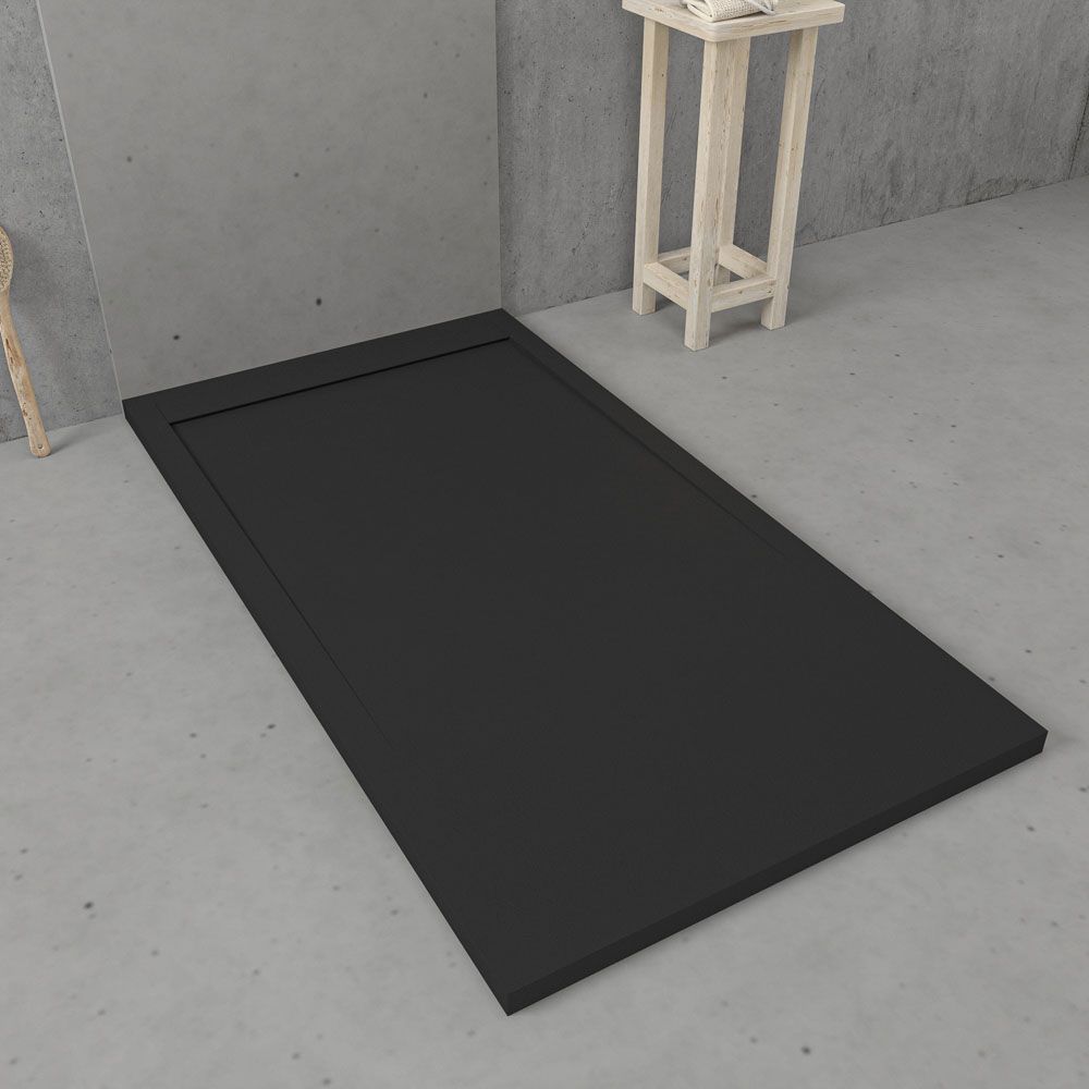 URBANSTONE omkaderde douchebak van hars – zwart RAL 9005 – leisteenstructuur – antibacterieel en antislip. Kleuren naar keuze. Verborgen rooster - Afbeelding 2