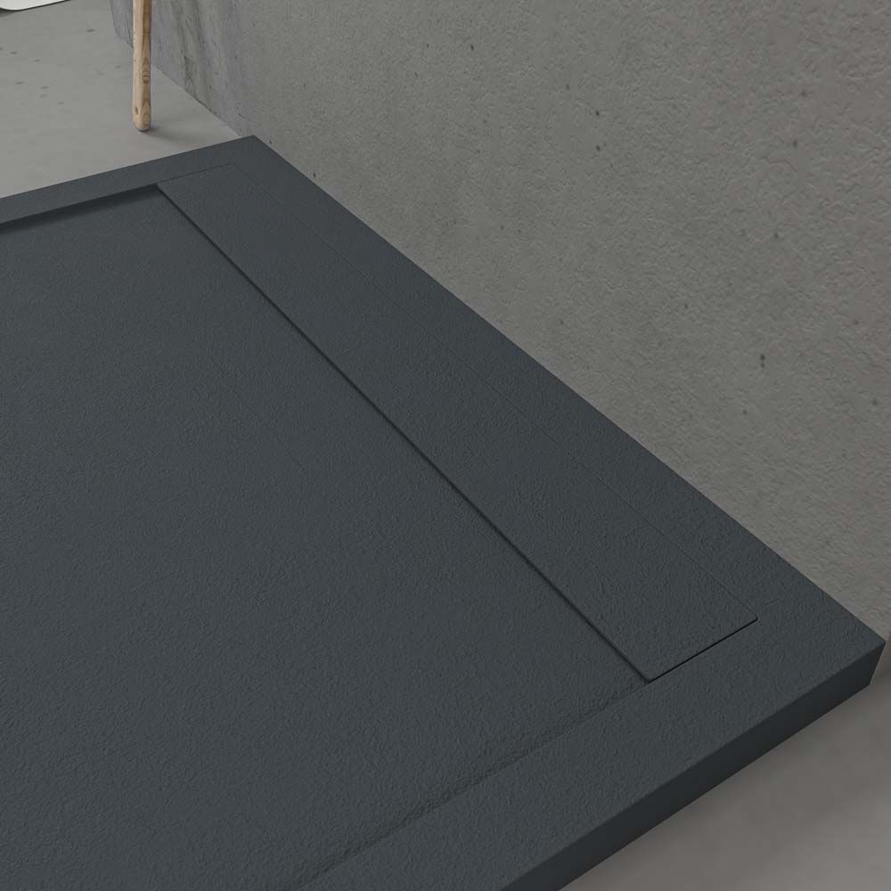 URBANSTONE omkaderde douchebak van hars – antracietgrijs RAL 7016 – leisteenstructuur – antibacterieel en antislip. Kleuren naar keuze. Verborgen rooster - Afbeelding 4