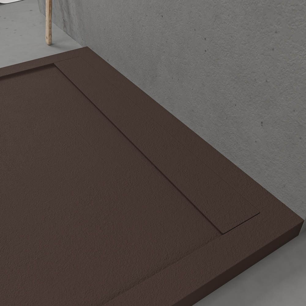 URBANSTONE omkaderde douchebak van hars – bruin RAL 8017 – leisteenstructuur – antibacterieel en antislip. Kleuren naar keuze. Verborgen rooster - Afbeelding 4