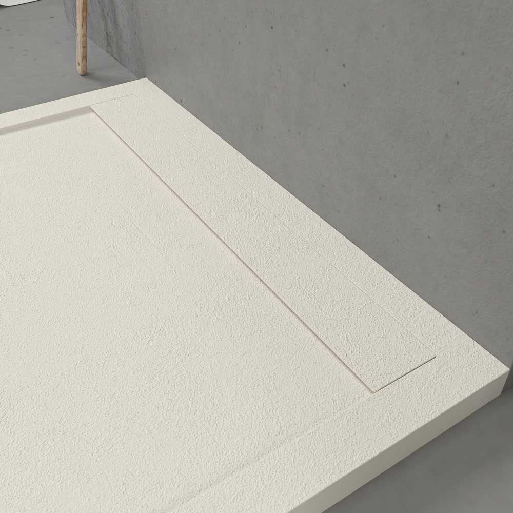 URBANSTONE omkaderde douchebak van hars – gebroken wit RAL 9001 – leisteenstructuur – antibacterieel en antislip. Kleuren naar keuze. Verborgen rooster - Afbeelding 4