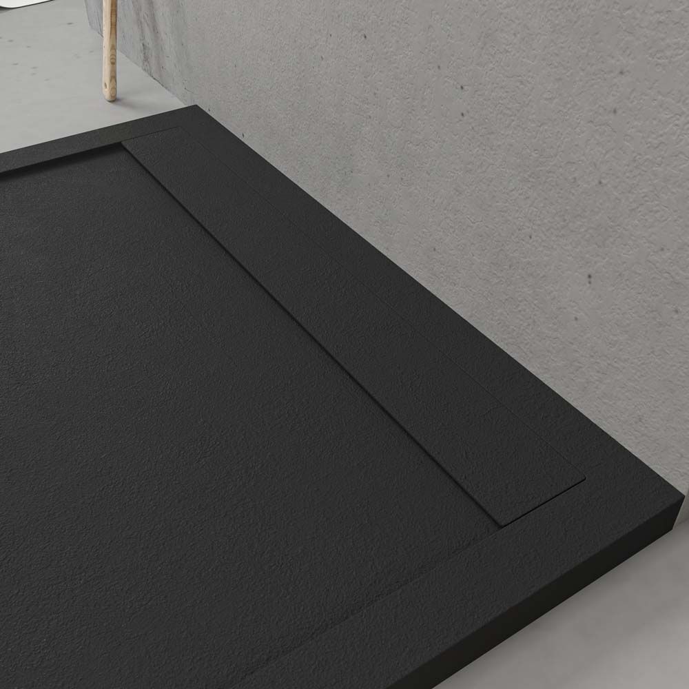 URBANSTONE omkaderde douchebak van hars – zwart RAL 9005 – leisteenstructuur – antibacterieel en antislip. Kleuren naar keuze. Verborgen rooster - Afbeelding 4