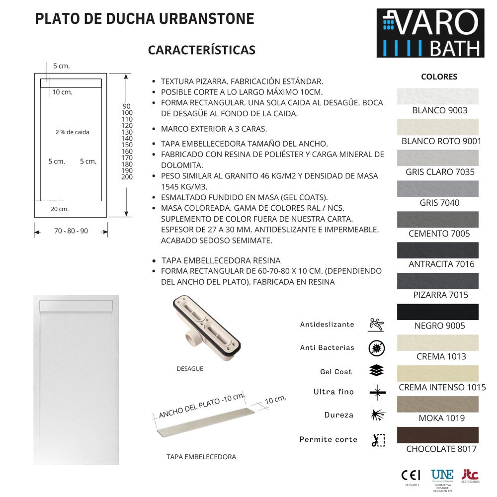 URBANSTONE omkaderde douchebak van hars – bruin RAL 8017 – leisteenstructuur – antibacterieel en antislip. Kleuren naar keuze. Verborgen rooster - Afbeelding 5