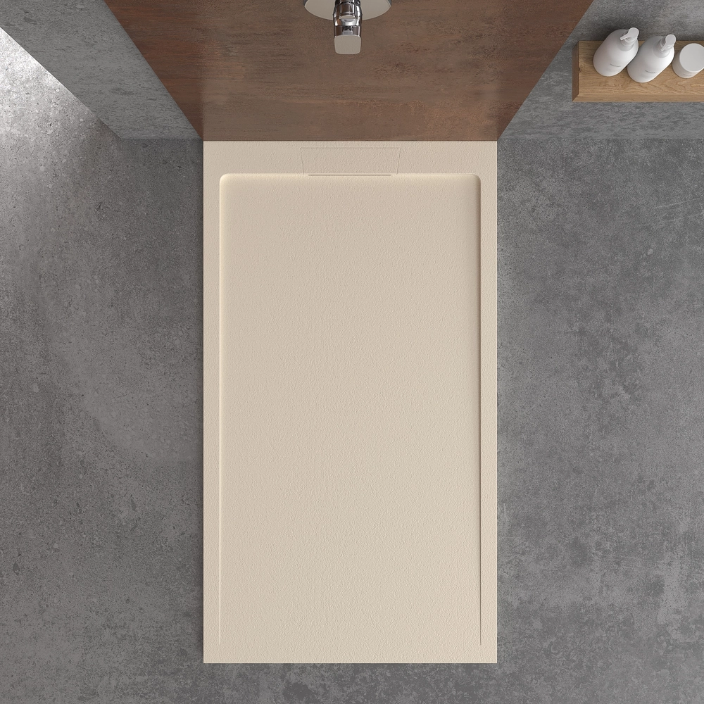STYLE douchebak van hars – crèmekleur RAL-1013 en andere – leisteenstructuur – antibacterieel en antislip. verborgen rooster