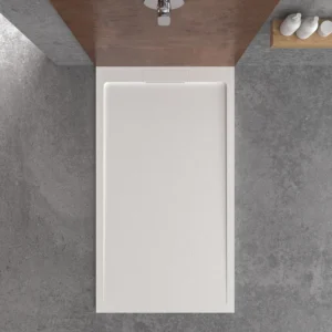 STYLE douchebak van hars – witte kleur RAL-9003 en andere – leisteenstructuur – antibacterieel en antislip. verborgen rooster