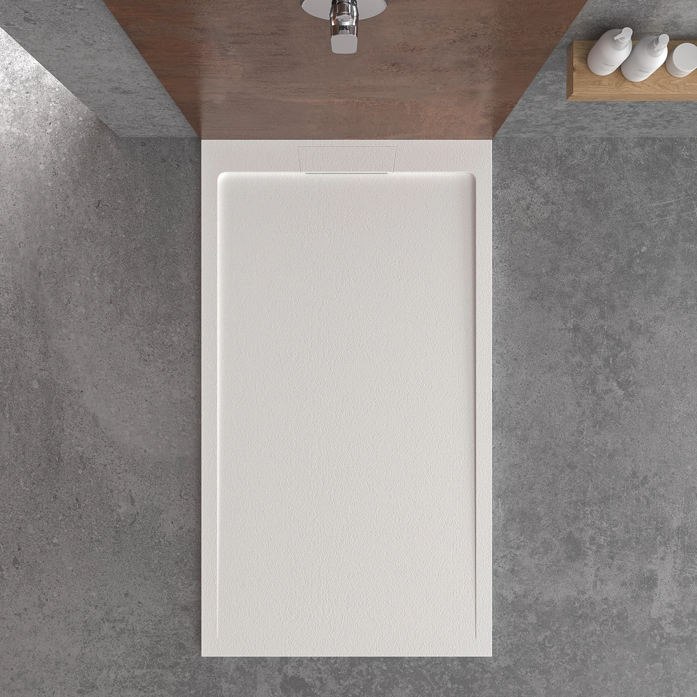 STYLE douchebak van hars – witte kleur RAL-9003 en andere – leisteenstructuur – antibacterieel en antislip. verborgen rooster