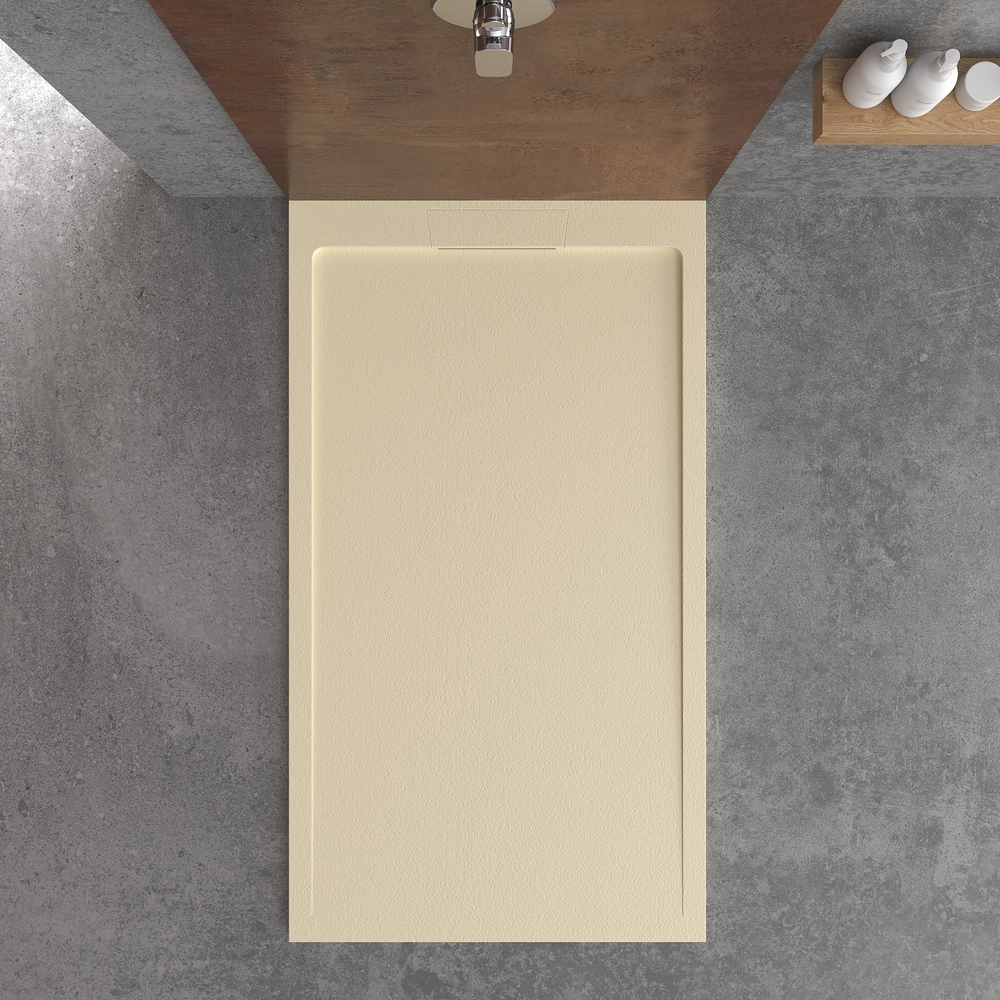 STYLE douchebak van hars – intense crèmekleur RAL-1015 en andere – leisteenstructuur – antibacterieel en antislip. verborgen rooster