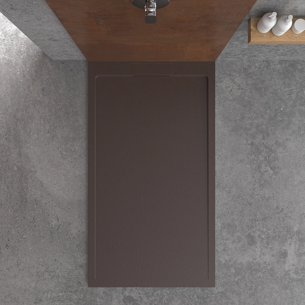 STYLE douchebak van hars – chocoladekleur RAL-8017 en andere – leisteenstructuur – antibacterieel en antislip. verborgen rooster
