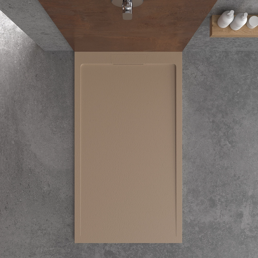 STYLE douchebak van hars – mokkakleur RAL-1019 en andere – leisteenstructuur – antibacterieel en antislip. verborgen rooster