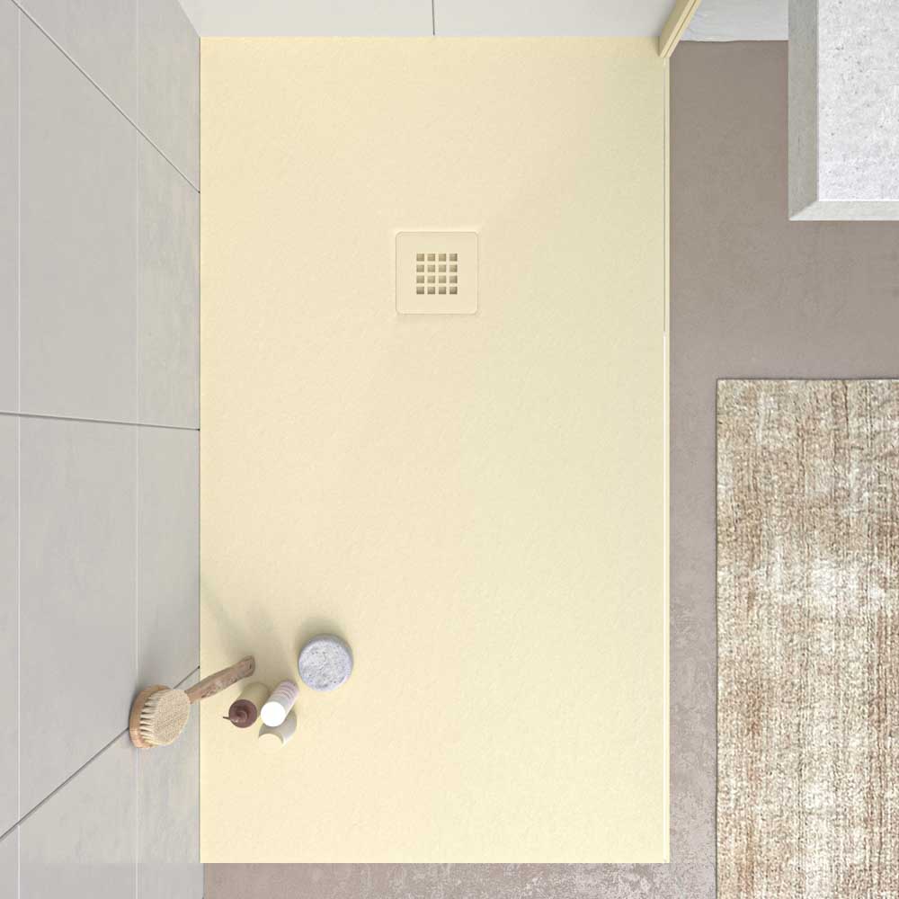 MYSTONE douchebak van hars – ivoorkleur RAL 1015 en andere exclusieve kleuren – leisteenstructuur – antibacterieel en antislip