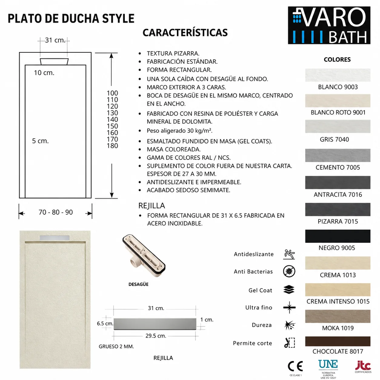 STYLE douchebak van hars – intense crèmekleur RAL-1015 en andere – leisteenstructuur – antibacterieel en antislip. verborgen rooster - Afbeelding 6