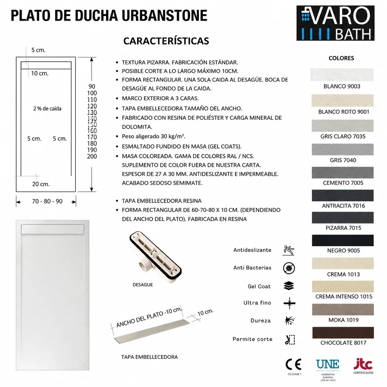 URBANSTONE omkaderde douchebak van hars – antracietgrijs RAL 7016 – leisteenstructuur – antibacterieel en antislip. Kleuren naar keuze. Verborgen rooster - Afbeelding 5